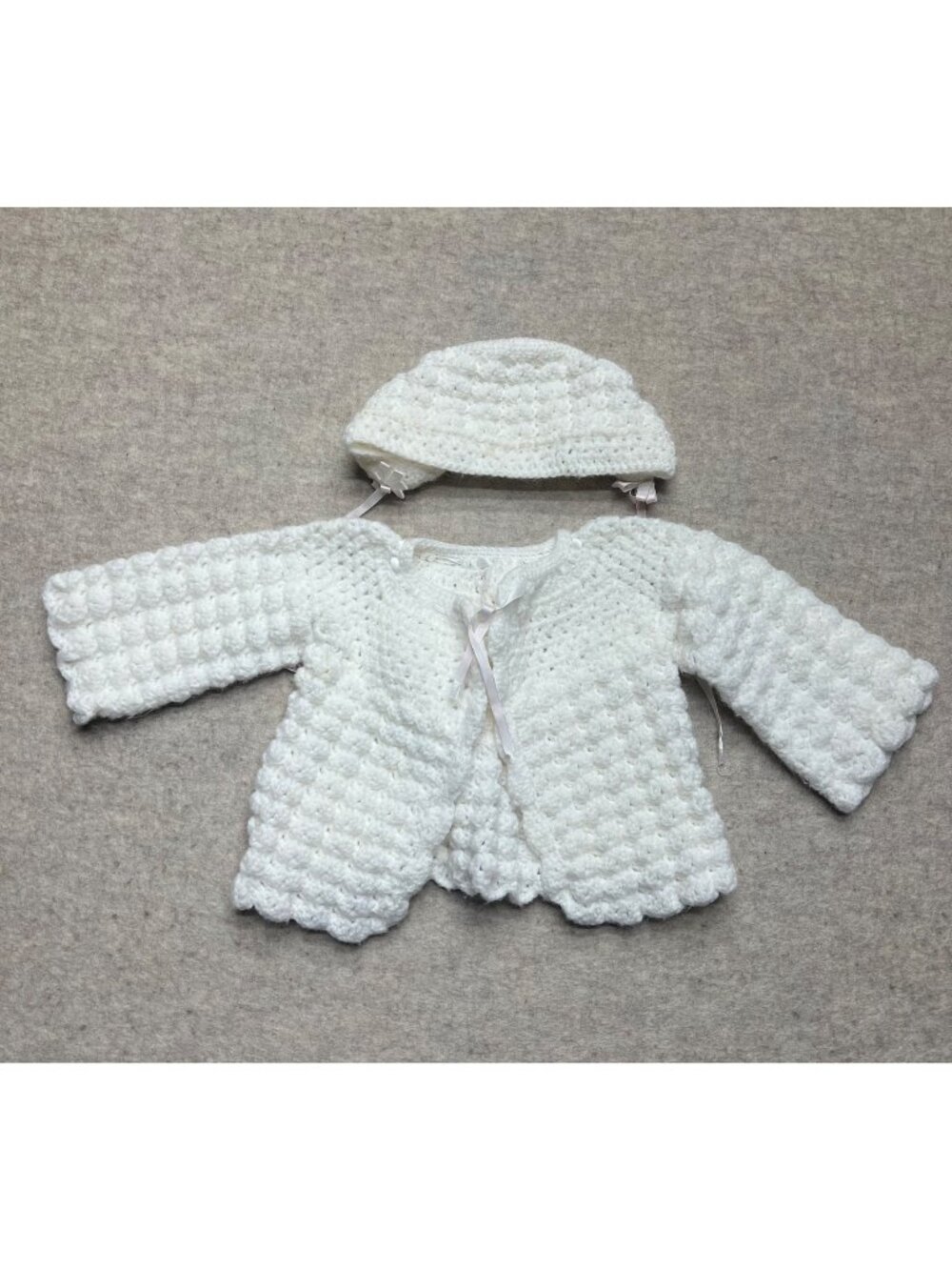Vintage Handmade White Newborn Knit Cardigan Hat Infant Sweater Bonnet Cap Set - Picture 1 of 5